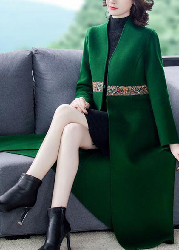 Boutique Green V Neck Embroidered Slim Fit Woolen Trench Winter
