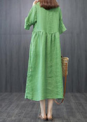Boutique Green V Neck Patchwork Linen Robe Dresses Butterfly Sleeve