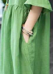 Boutique Green V Neck Patchwork Linen Robe Dresses Butterfly Sleeve