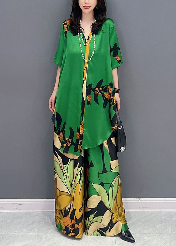 Boutique Green V Neck Print Patchwork Tops And Pants Silk Two Pieces Set Summer