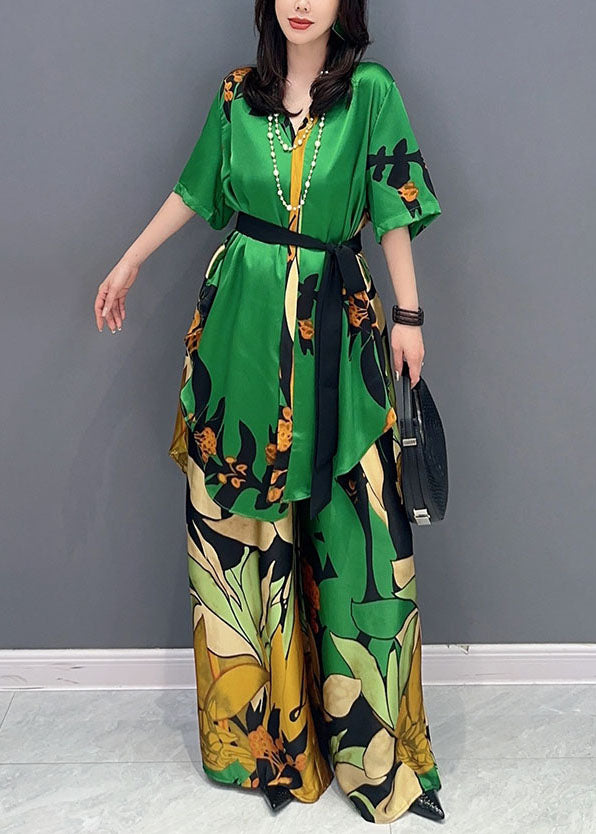 Boutique Green V Neck Print Patchwork Tops And Pants Silk Two Pieces Set Summer