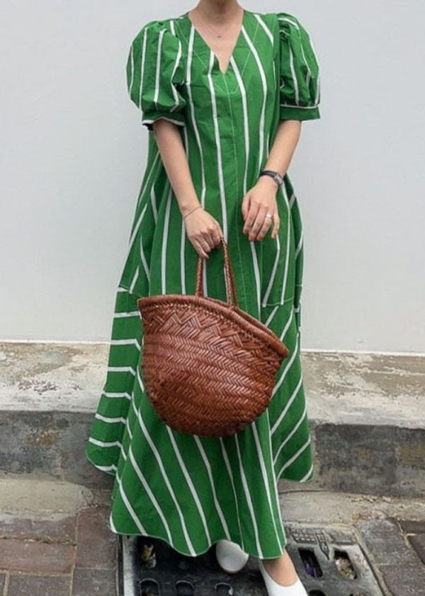 Boutique Green V Neck Striped Patchwork Cotton Dresses Summer