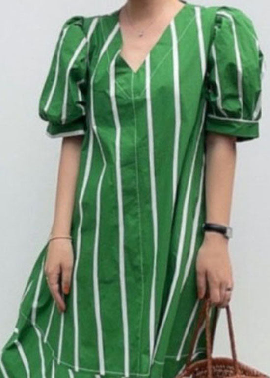Boutique Green V Neck Striped Patchwork Cotton Dresses Summer