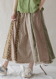 Boutique Green elastic waist print Patchwork Cotton Skirt Spring