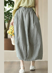 Boutique Grey Green Plaid Elastic Waist Linen Maxi Skirt Summer