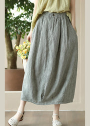 Boutique Grey Green Plaid Elastic Waist Linen Maxi Skirt Summer