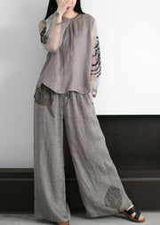 Boutique Grey O-Neck Embroidered Tulle Patchwork Linen Two Piece Set Women Clothing Summer