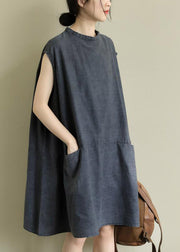 Boutique Grey Stand Collar Patchwork Solid Mid Dress Summer