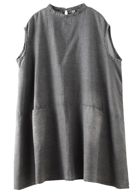 Boutique Grey Stand Collar Patchwork Solid Mid Dress Summer