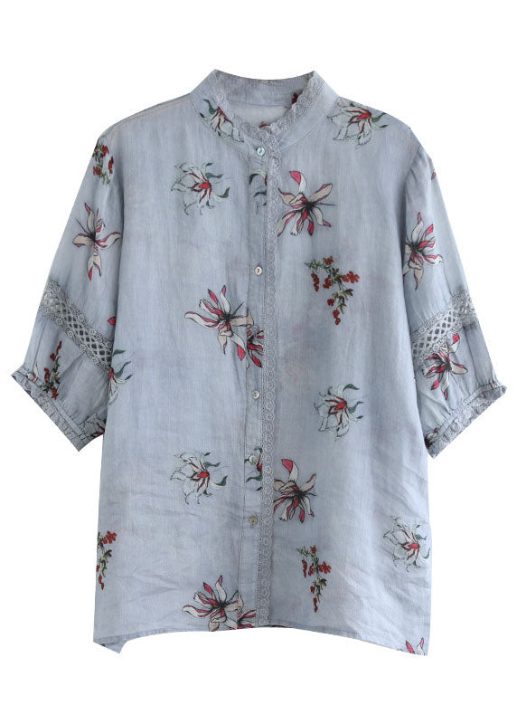 Boutique Grey Stand Collar Print Linen Shirt Tops Half Sleeve