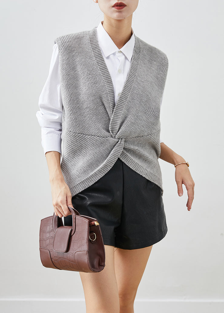 Boutique Grey V Neck Asymmetrical Design Knit Vests Fall