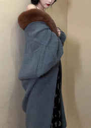 Boutique Haze Blue Fur Collar Mink Hair Knitted Coats Batwing Sleeve