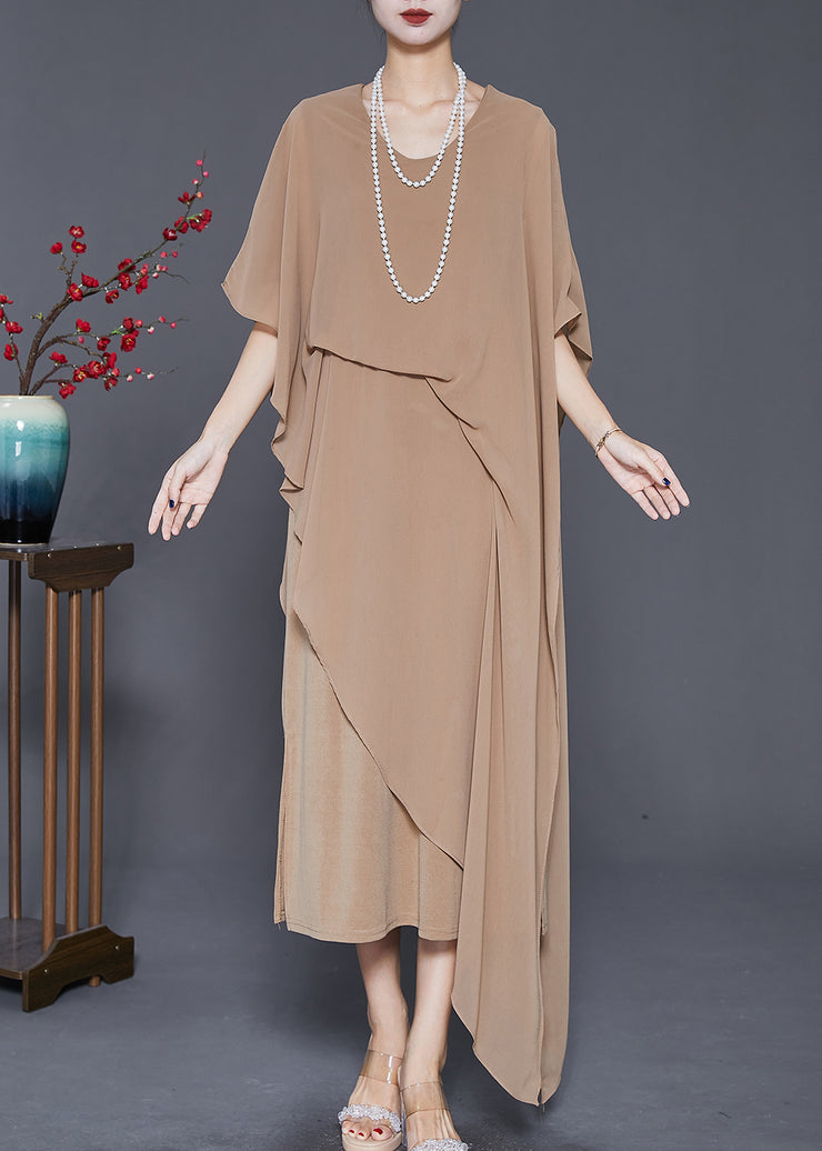 Boutique Khaki Asymmetrical Chiffon Long Dresses Cloak Sleeves