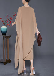 Boutique Khaki Asymmetrical Chiffon Long Dresses Cloak Sleeves