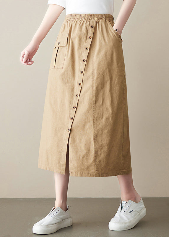 Boutique Khaki Asymmetrical side open elastic waist Button Linen Skirt Spring