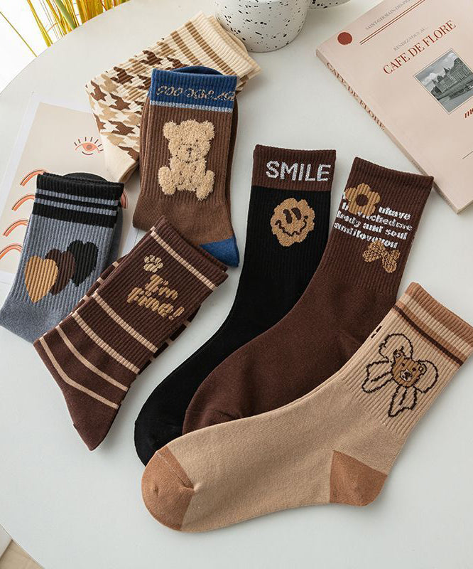 Boutique Khaki Bear Print Fine Cotton Mid Calf Socks