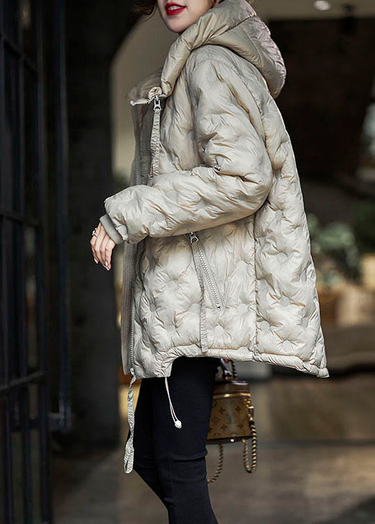 Boutique Khaki Hooded Drawstring Zippered Duck Down Puffer Jacket In Winter