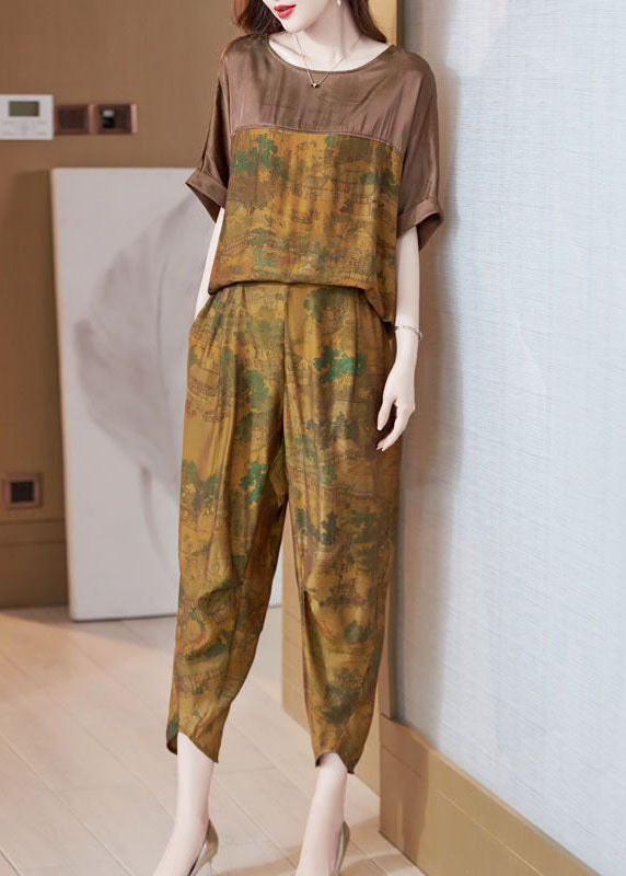 Boutique Khaki O-Neck Oversized Patchwork Silk Women Sets 2 Pieces Summer