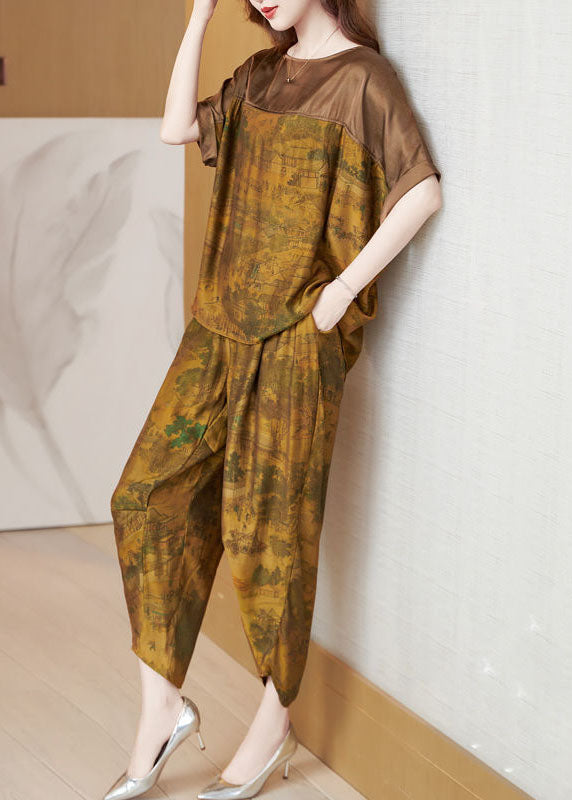 Boutique Khaki O-Neck Oversized Patchwork Silk Women Sets 2 Pieces Summer