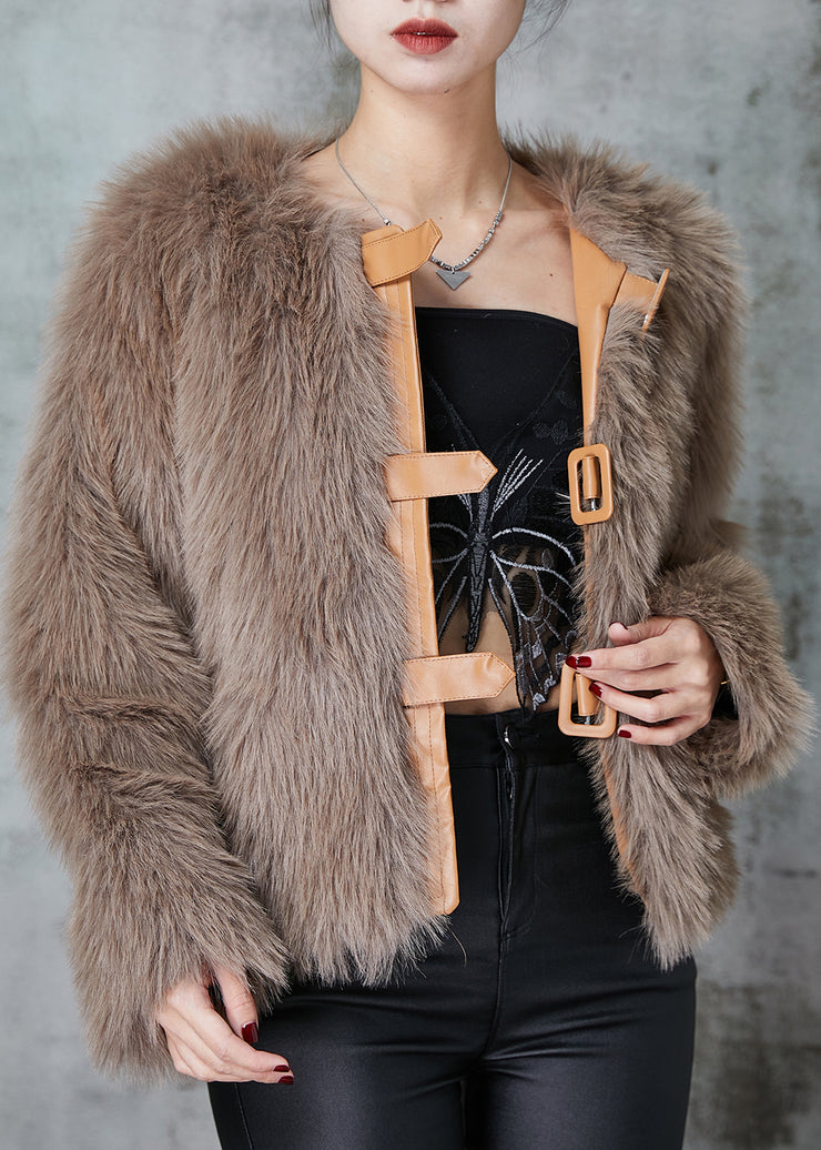 Boutique Khaki Patchwork Faux Fur Jackets Winter