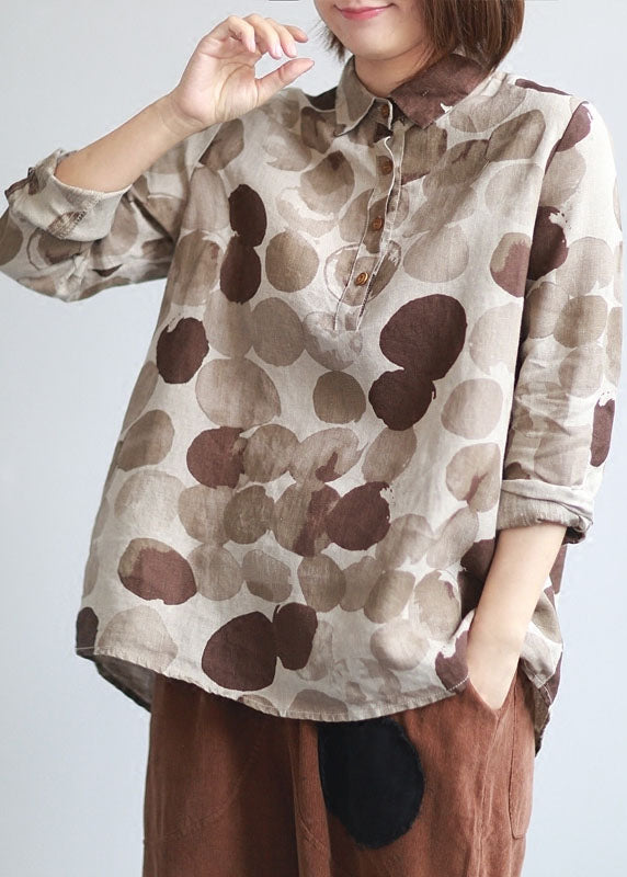 Boutique Khaki Peter Pan Collar Chocolate Dot Print Linen Shirt Tops Long Sleeve