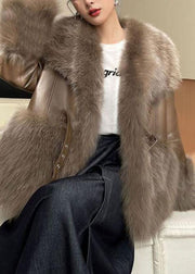 Boutique Khaki Peter Pan Collar Patchwork Fuzzy Fur Fluffy Coat Winter