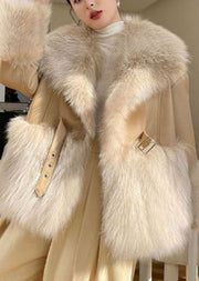 Boutique Khaki Peter Pan Collar Patchwork Fuzzy Fur Fluffy Coat Winter