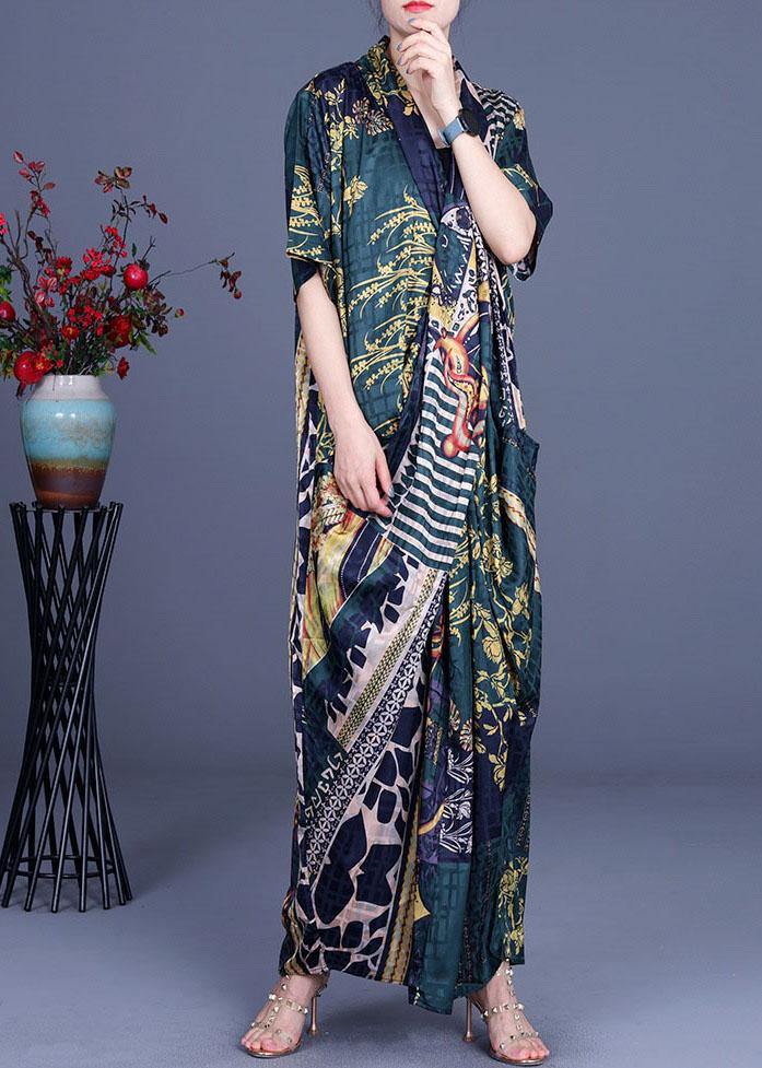 Boutique Khaki Print Overlapping asymmetrical design Silk Summer Maxi Dress - SooLinen