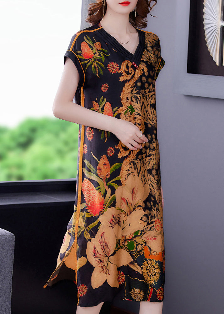 Boutique Khaki Print V Neck Side Open Silk Dress For Mother Short Sleeve