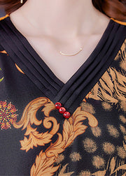 Boutique Khaki Print V Neck Side Open Silk Dress For Mother Short Sleeve