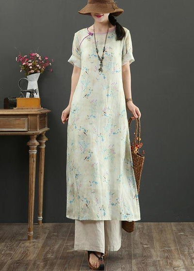 Boutique Khaki Print side open Vacation Summer Linen Dress - SooLinen