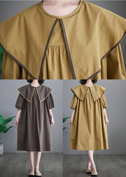 Boutique Khaki Sailor Collar Patchwork Cotton Maxi Dresses Half Sleeve