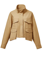 Boutique Khaki Stand Collar Oversized Patchwork Cotton Jacket Spring