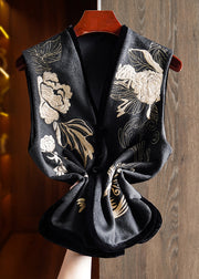 Boutique Khaki V Neck Embroidered Patchwork Woolen Vest Sleeveless