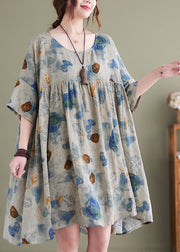 Boutique Lake Blue O-Neck Wrinkled Print Linen Maxi Dresses Short Sleeve