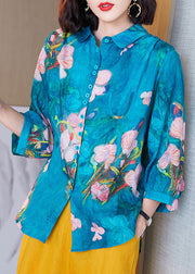 Boutique Lake Blue Peter Pan Collar Print Button Low High Design Ramie Linen Shirt Long Sleeve