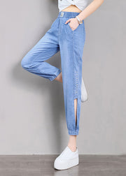 Boutique Light Blue Embroidered Pockets Side Open Cotton Harem Crop Pants Summer