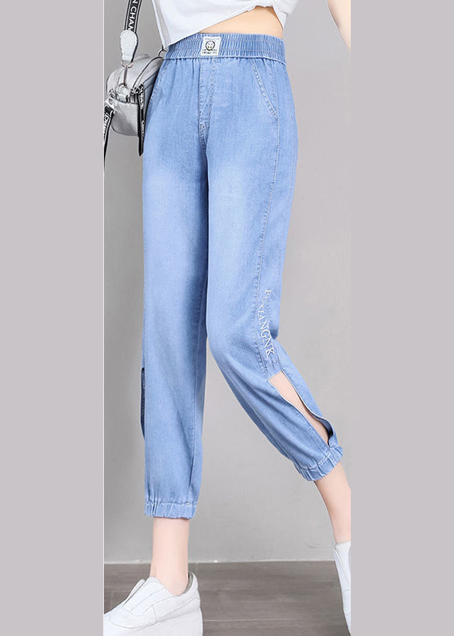 Boutique Light Blue Embroidered Pockets Side Open Cotton Harem Crop Pants Summer