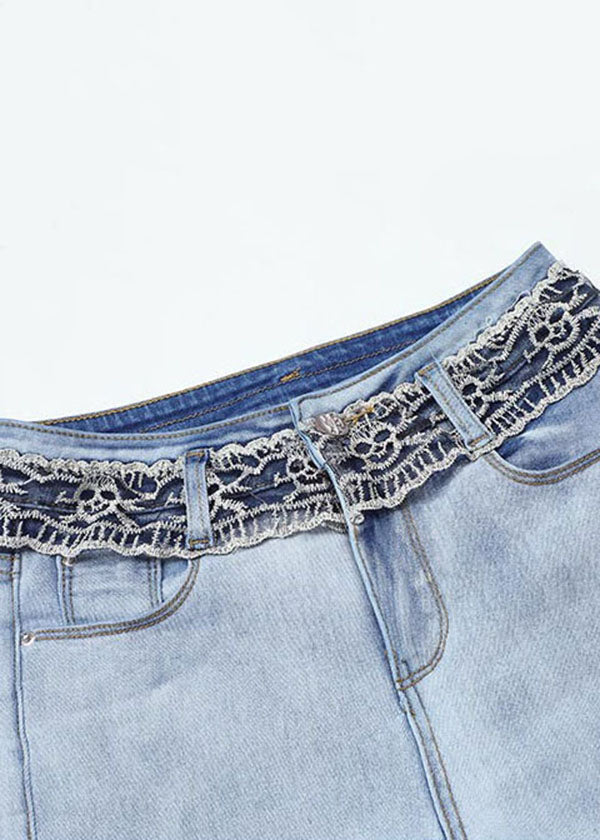 Boutique Light Blue High Waist Zip Up Lace Patchwork Slim Cotton Denim Crop Pants Summer
