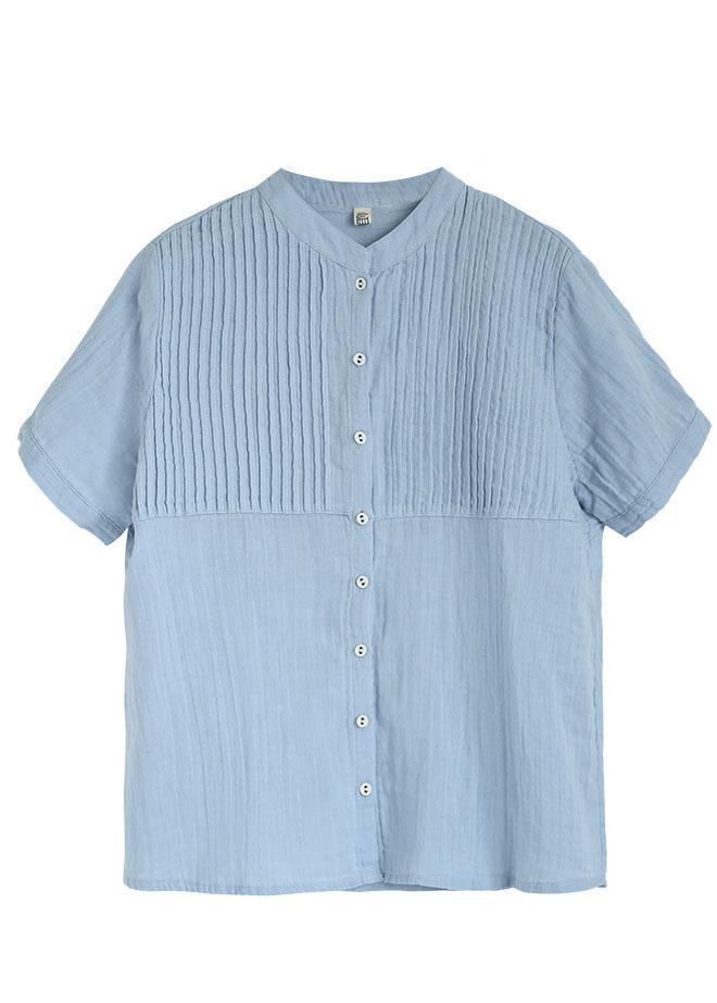 Boutique Light Blue Stand Collar Button Cotton Summer Top - SooLinen