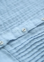 Boutique Light Blue Stand Collar Button Cotton Summer Top - SooLinen