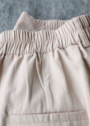 Boutique Light Pink Elastic Waist Wrinkled Pockets Cotton Shorts Summer