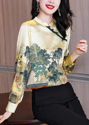 Boutique Light Yellow Mandarin Collar Print Silk Shirt Tops Long Sleeve