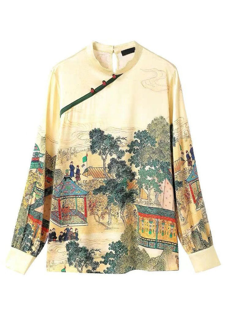 Boutique Light Yellow Mandarin Collar Print Silk Shirt Tops Long Sleeve
