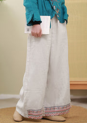 Boutique Linen colour elastic waist drawstring Embroidered Pockets Linen Pants Spring