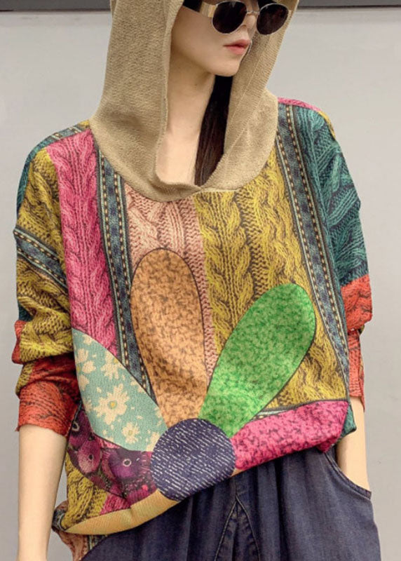 Boutique Loose Hooded Print Fall Knit Sweater