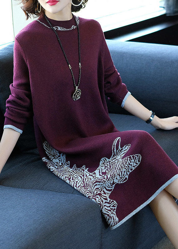 Boutique Mulberry O-Neck Jacquard Knit Sweater Dress Winter