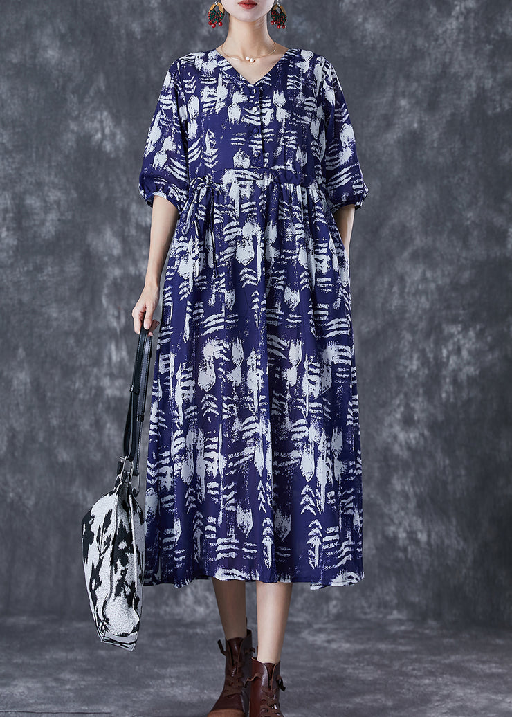 Boutique Navy Cinched Print Linen Vacation Dresses Summer
