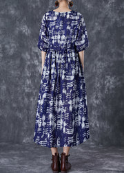 Boutique Navy Cinched Print Linen Vacation Dresses Summer
