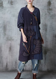 Boutique Navy Embroidered Patchwork Cotton Robe Dresses Spring